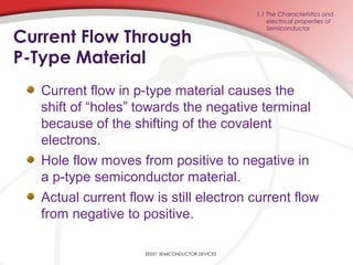 EE201 SEMICONDUCTOR DEVICES
Current Flow Through
P-Type Material
Current flow in p-type material causes the
shift of “holes” towards the negative terminal
because of the shifting of the covalent
electrons.
Hole flow moves from positive to negative in
a p-type semiconductor material.
Actual current flow is still electron current flow
from negative to positive.
1.1 The Characteristics and
electrical properties of
Semiconductor
 