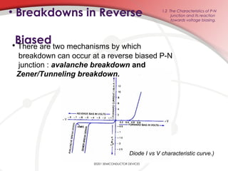 • Breakdowns in Reverse
Biased
1.2 The Characteristics of P-N
junction and its reaction
towards voltage biasing.
• There are two mechanisms by which
breakdown can occur at a reverse biased P-N
junction : avalanche breakdown and
Zener/Tunneling breakdown.
Diode I vs V characteristic curve.)
EE201 SEMICONDUCTOR DEVICES
 