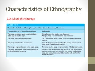 Characteristics of Ethnography
2. A culture-sharing group
 