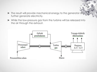 ► The result will provide mechanical energy to the generator and
further generate electricity.
► While the low-pressure gas from the turbine will be released into
the air through the exhaust.
 