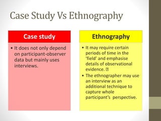 Case Study Vs Ethnography
Case study
• It does not only depend
on participant-observer
data but mainly uses
interviews.
Ethnography
• It may require certain
periods of time in the
‘field’ and emphasise
details of observational
evidence.
• The ethnographer may use
an interview as an
additional technique to
capture whole
participant’s perspective.
 