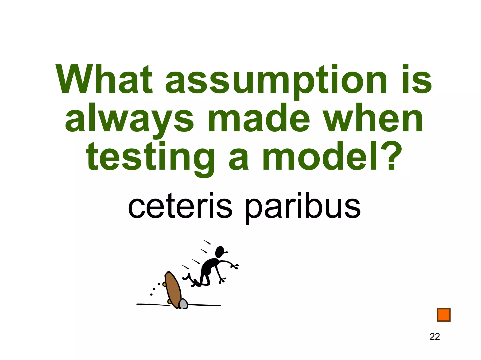 What assumption is
always made when
 testing a model?
   ceteris paribus


                     22
 