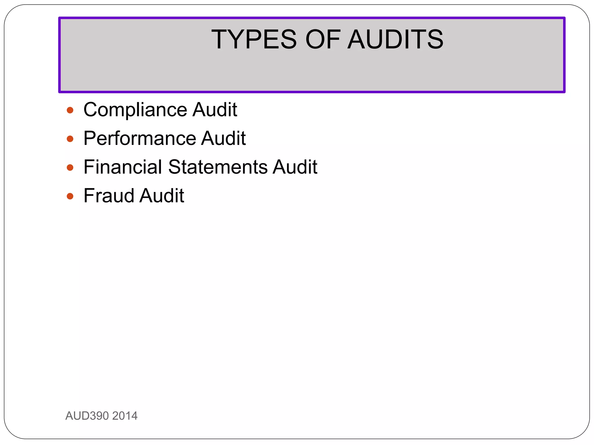 TYPES OF AUDITS
AUD390 2014
 Compliance Audit
 Performance Audit
 Financial Statements Audit
 Fraud Audit
 