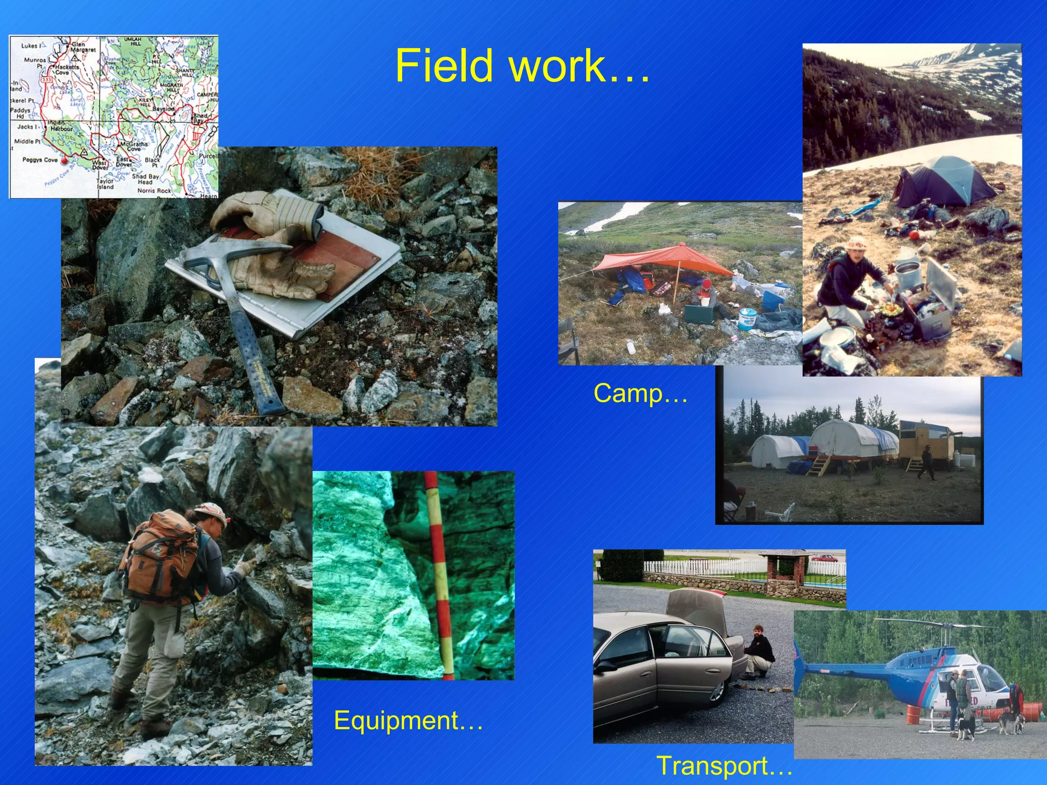 Field work… Equipment… Transport… Camp… 