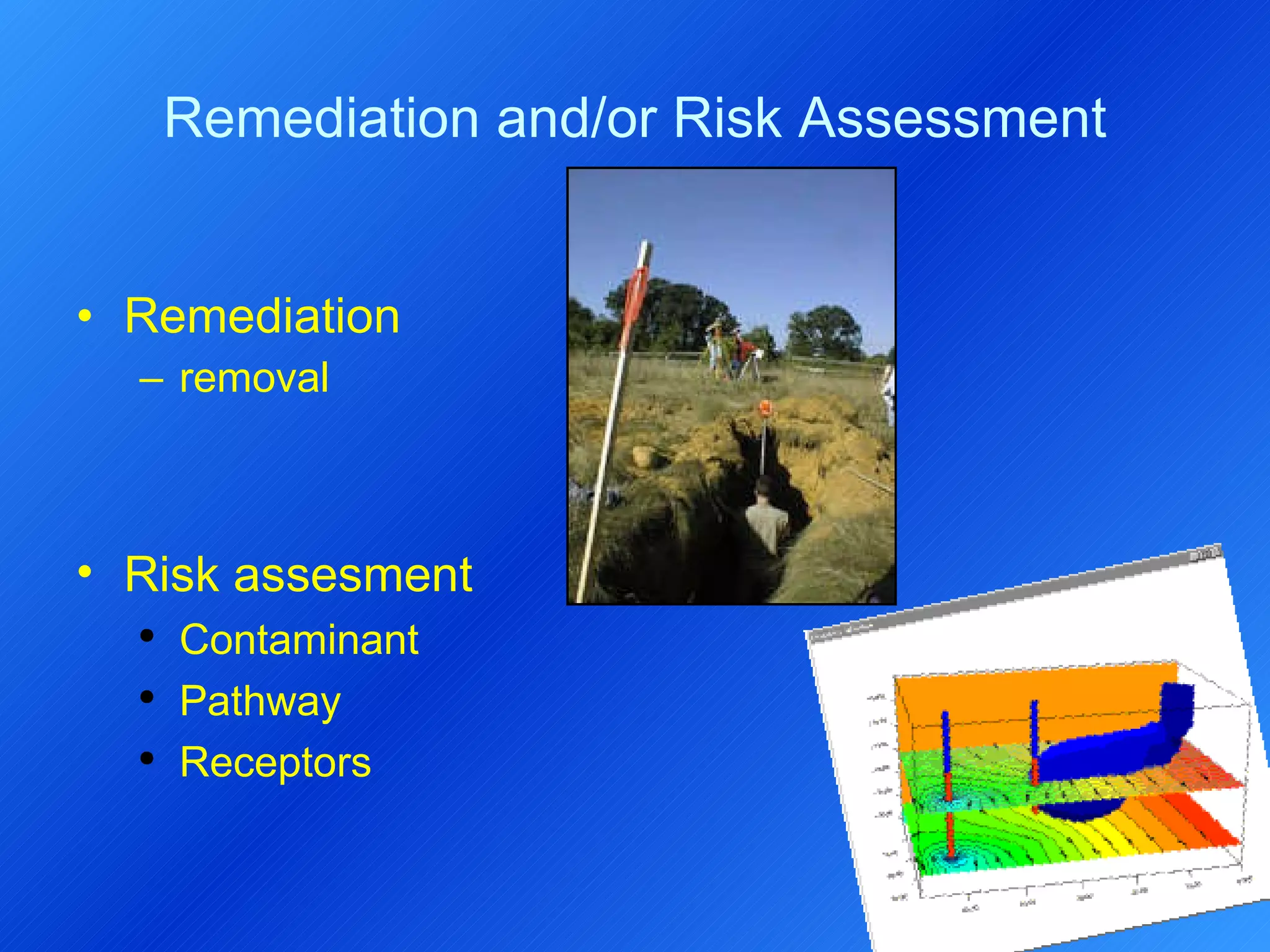 Remediation and/or Risk Assessment Remediation  removal Risk assesment Contaminant Pathway Receptors 