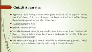 Gutzeit Apparatus
 Apparatus : it is having wide mouthed glass bottle of 120 ml capacity having
mouth of about 2.5 cm in diameter this bottle is fitted with rubber bungs
through which passes a glass tube 20 cm long
 external diameter 0.8 cm
 internal diameter 0.65 cm
 the tube is constricted at its lower end extremities to about 1 mm diameter and
there is blown a hole not less than 2 mm in in diameter in the side of the tube
near the constricted part
 the upper end of the glass tube is fitted with to rubber bumps (25mm x 25mm)
each having a hole bored centrally and exactly 6.5 mm in diameter
 
