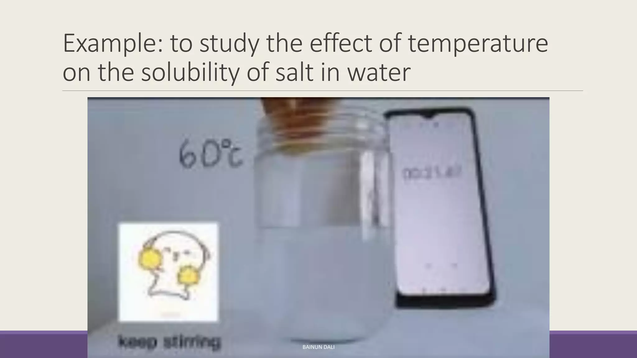 Example: to study the effect of temperature
on the solubility of salt in water
BAINUN DALI
 