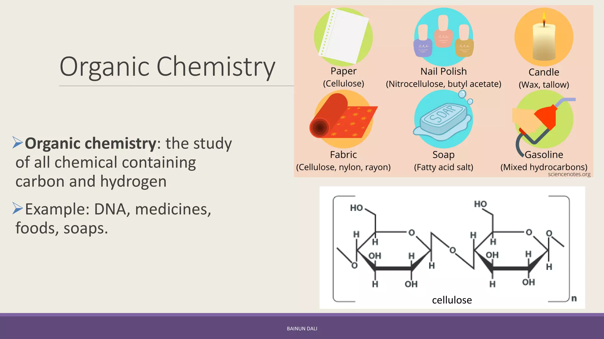 Organic Chemistry
➢Organic chemistry: the study
of all chemical containing
carbon and hydrogen
➢Example: DNA, medicines,
foods, soaps.
BAINUN DALI
cellulose
 