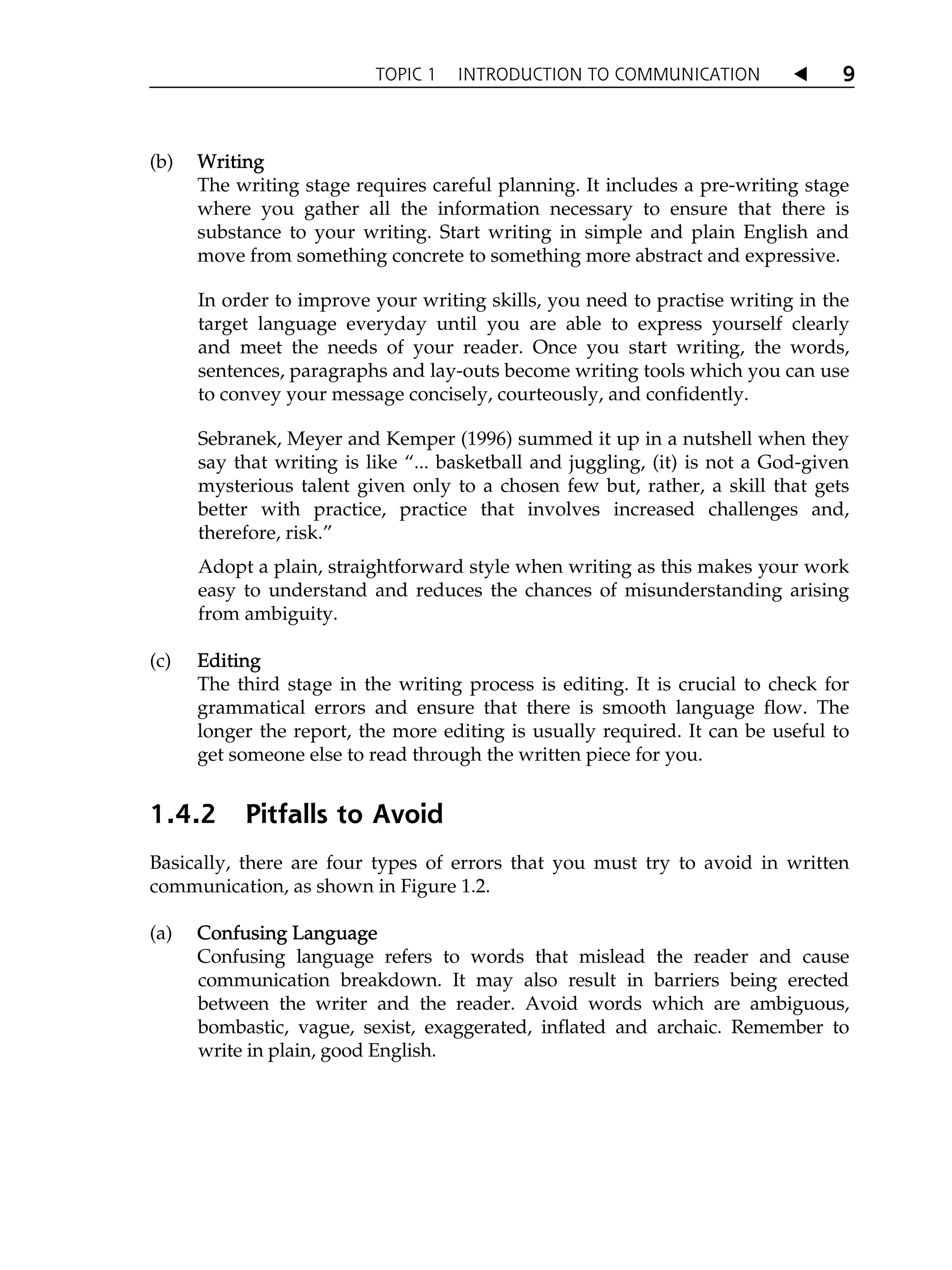 TOPIC 1 INTRODUCTION TO COMMUNICATION W 9
(b) W
Writing
The writing stage requires careful planning. It includes a pre-writing stage
where you gather all the information necessary to ensure that there is
substance to your writing. Start writing in simple and plain English and
move from something concrete to something more abstract and expressive.
In order to improve your writing skills, you need to practise writing in the
target language everyday until you are able to express yourself clearly
and meet the needs of your reader. Once you start writing, the words,
sentences, paragraphs and lay-outs become writing tools which you can use
to convey your message concisely, courteously, and confidently.
Sebranek, Meyer and Kemper (1996) summed it up in a nutshell when they
say that writing is like „... basketball and juggling, (it) is not a God-given
mysterious talent given only to a chosen few but, rather, a skill that gets
better with practice, practice that involves increased challenges and,
therefore, risk.‰
Adopt a plain, straightforward style when writing as this makes your work
easy to understand and reduces the chances of misunderstanding arising
from ambiguity.
(c) E
Editing
The third stage in the writing process is editing. It is crucial to check for
grammatical errors and ensure that there is smooth language flow. The
longer the report, the more editing is usually required. It can be useful to
get someone else to read through the written piece for you.
1.4.2 Pitfalls to Avoid
Basically, there are four types of errors that you must try to avoid in written
communication, as shown in Figure 1.2.
(a) C
Confusing Language
Confusing language refers to words that mislead the reader and cause
communication breakdown. It may also result in barriers being erected
between the writer and the reader. Avoid words which are ambiguous,
bombastic, vague, sexist, exaggerated, inflated and archaic. Remember to
write in plain, good English.
 