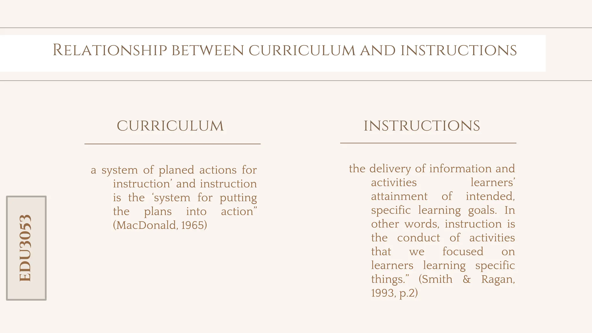 toolkit
instructions
the delivery of information and
activities learners’
attainment of intended,
specific learning goals. In
other words, instruction is
the conduct of activities
that we focused on
learners learning specific
things.” (Smith & Ragan,
1993, p.2)
curriculum
Relationship between curriculum and instructions
a system of planed actions for
instruction’ and instruction
is the ‘system for putting
the plans into action”
(MacDonald, 1965)
EDU3053
 