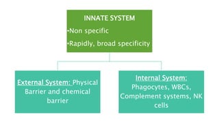 INNATE SYSTEM
•Non specific
•Rapidly, broad specificity
External System: Physical
Barrier and chemical
barrier
Internal System:
Phagocytes, WBCs,
Complement systems, NK
cells
 