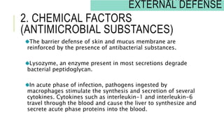 2. CHEMICAL FACTORS
(ANTIMICROBIAL SUBSTANCES)
The barrier defense of skin and mucus membrane are
reinforced by the presence of antibacterial substances.
Lysozyme, an enzyme present in most secretions degrade
bacterial peptidoglycan.
In acute phase of infection, pathogens ingested by
macrophages stimulate the synthesis and secretion of several
cytokines. Cytokines such as interleukin-1 and interleukin-6
travel through the blood and cause the liver to synthesize and
secrete acute phase proteins into the blood.
INNATE IMMUNITY:
EXTERNAL DEFENSE
 