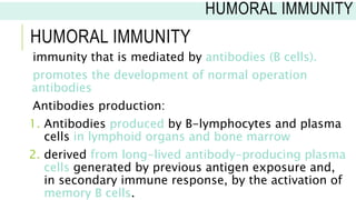 HUMORAL IMMUNITY
immunity that is mediated by antibodies (B cells).
promotes the development of normal operation
antibodies
Antibodies production:
1. Antibodies produced by B-lymphocytes and plasma
cells in lymphoid organs and bone marrow
2. derived from long-lived antibody-producing plasma
cells generated by previous antigen exposure and,
in secondary immune response, by the activation of
memory B cells.
HUMORAL IMMUNITY
 
