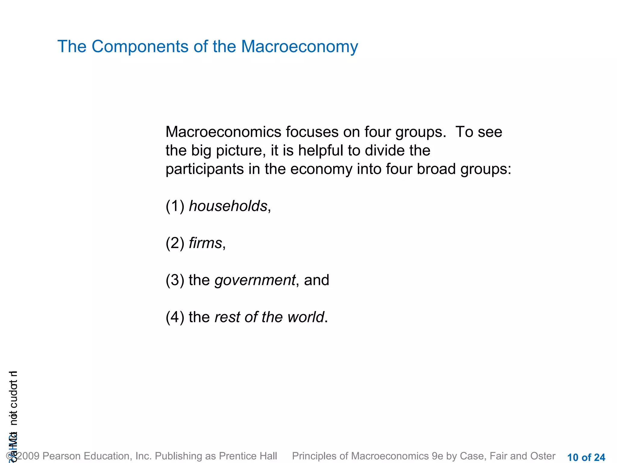 The Components of the Macroeconomy



                                   Macroeconomics focuses on four groups. To see
                                   the big picture, it is helpful to divide the
                                   participants in the economy into four broad groups:

                                   (1) households,

                                   (2) firms,

                                   (3) the government, and

                                   (4) the rest of the world.
cA HCt not c udo t n
 a Mo i         r I




© 2009 Pearson Education, Inc. Publishing as Prentice Hall   Principles of Macroeconomics 9e by Case, Fair and Oster   10 of 24
 