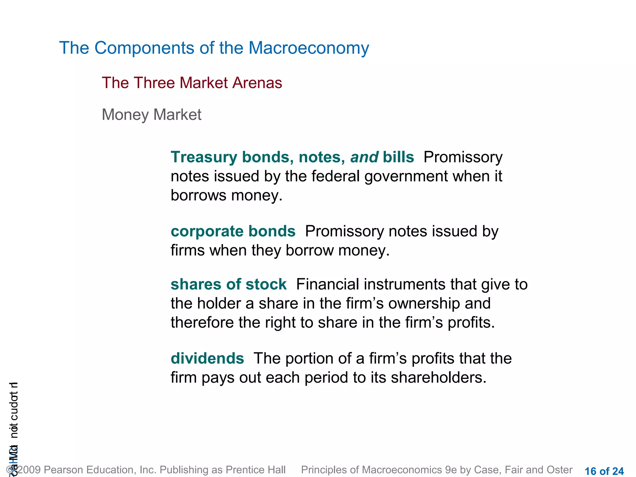 The Components of the Macroeconomy
                           The Three Market Arenas

                           Money Market

                                   Treasury bonds, notes, and bills Promissory
                                   notes issued by the federal government when it
                                   borrows money.

                                   corporate bonds Promissory notes issued by
                                   firms when they borrow money.

                                   shares of stock Financial instruments that give to
                                   the holder a share in the firm’s ownership and
                                   therefore the right to share in the firm’s profits.

                                   dividends The portion of a firm’s profits that the
                                   firm pays out each period to its shareholders.
cA HCt not c udo t n
 a Mo i         r I




© 2009 Pearson Education, Inc. Publishing as Prentice Hall   Principles of Macroeconomics 9e by Case, Fair and Oster   16 of 24
 