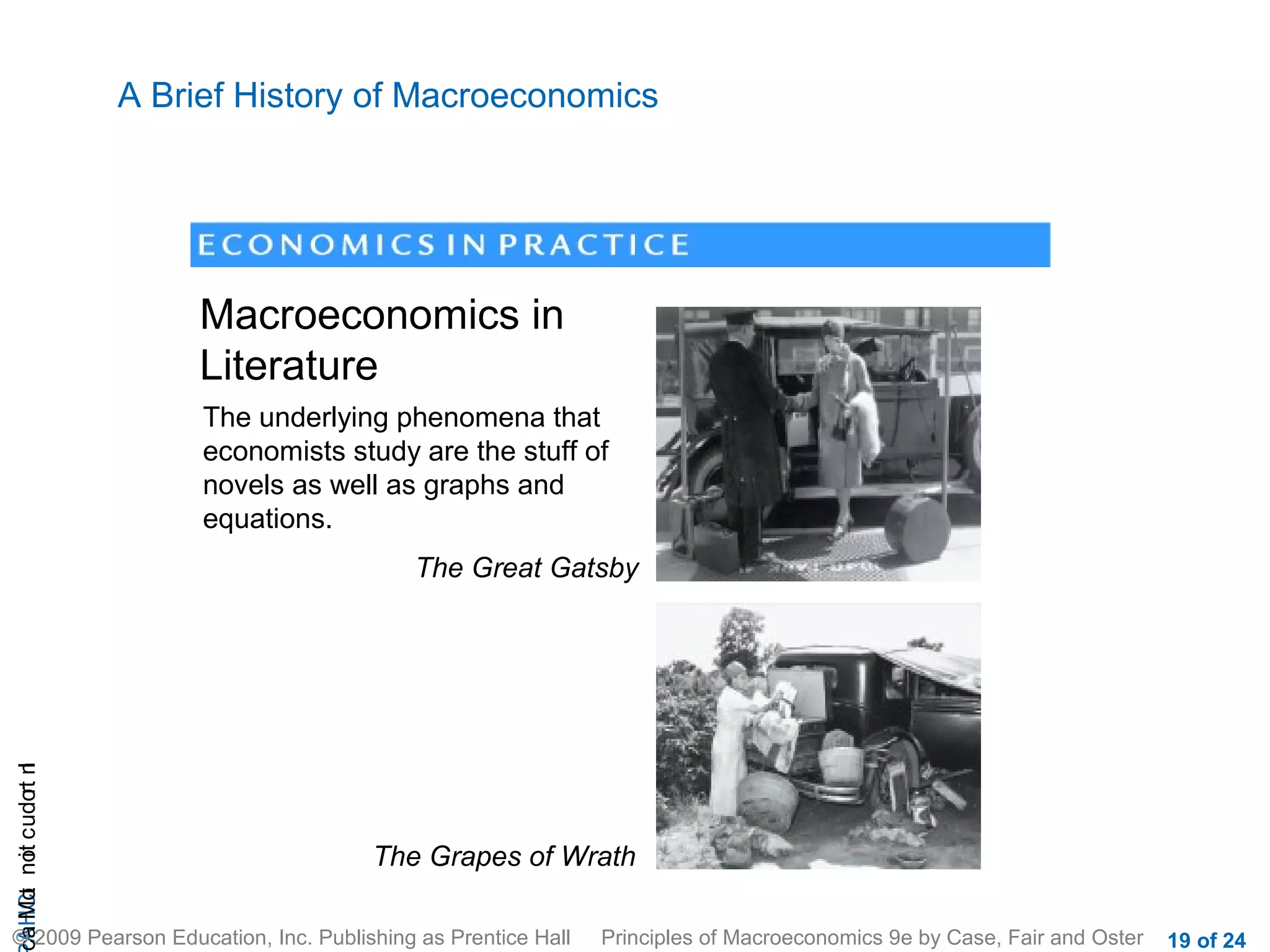 A Brief History of Macroeconomics




                            Macroeconomics in
                            Literature
                            The underlying phenomena that
                            economists study are the stuff of
                            novels as well as graphs and
                            equations.
                                             The Great Gatsby
cA HCt not c udo t n
                r I




                                         The Grapes of Wrath
 a Mo i




© 2009 Pearson Education, Inc. Publishing as Prentice Hall   Principles of Macroeconomics 9e by Case, Fair and Oster   19 of 24
 