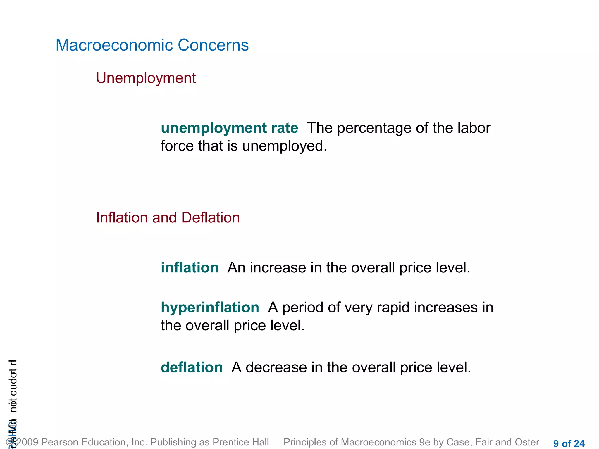 Macroeconomic Concerns
                           Unemployment


                                     unemployment rate The percentage of the labor
                                     force that is unemployed.



                           Inflation and Deflation


                                     inflation An increase in the overall price level.

                                     hyperinflation A period of very rapid increases in
                                     the overall price level.

                                     deflation A decrease in the overall price level.
cA HCt not c udo t n
 a Mo i         r I




© 2009 Pearson Education, Inc. Publishing as Prentice Hall   Principles of Macroeconomics 9e by Case, Fair and Oster   9 of 24
 