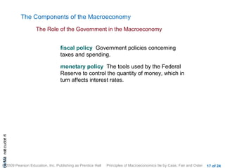 The Components of the Macroeconomy
                           The Role of the Government in the Macroeconomy


                                   fiscal policy Government policies concerning
                                   taxes and spending.

                                   monetary policy The tools used by the Federal
                                   Reserve to control the quantity of money, which in
                                   turn affects interest rates.
cA HCt not c udo t n
 a Mo i         r I




© 2009 Pearson Education, Inc. Publishing as Prentice Hall   Principles of Macroeconomics 9e by Case, Fair and Oster   17 of 24
 