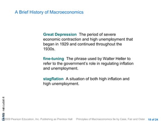 A Brief History of Macroeconomics



                                    Great Depression The period of severe
                                    economic contraction and high unemployment that
                                    began in 1929 and continued throughout the
                                    1930s.

                                    fine-tuning The phrase used by Walter Heller to
                                    refer to the government’s role in regulating inflation
                                    and unemployment.

                                    stagflation A situation of both high inflation and
                                    high unemployment.
cA HCt not c udo t n
 a Mo i         r I




© 2009 Pearson Education, Inc. Publishing as Prentice Hall   Principles of Macroeconomics 9e by Case, Fair and Oster   18 of 24
 