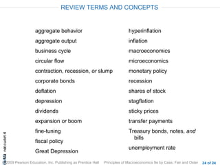 REVIEW TERMS AND CONCEPTS


                       aggregate behavior                                  hyperinflation
                       aggregate output                                    inflation
                       business cycle                                      macroeconomics
                       circular flow                                       microeconomics
                       contraction, recession, or slump                    monetary policy
                       corporate bonds                                     recession
                       deflation                                           shares of stock
                       depression                                          stagflation
                       dividends                                           sticky prices
                       expansion or boom                                   transfer payments
                       fine-tuning                                         Treasury bonds, notes, and
cA HCt not c udo t n
                r I




                                                                             bills
                       fiscal policy
                                                                           unemployment rate
 a Mo i




                       Great Depression
© 2009 Pearson Education, Inc. Publishing as Prentice Hall   Principles of Macroeconomics 9e by Case, Fair and Oster   24 of 24
 
