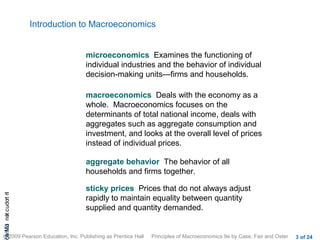 Introduction to Macroeconomics


                                    microeconomics Examines the functioning of
                                    individual industries and the behavior of individual
                                    decision-making units—firms and households.

                                    macroeconomics Deals with the economy as a
                                    whole. Macroeconomics focuses on the
                                    determinants of total national income, deals with
                                    aggregates such as aggregate consumption and
                                    investment, and looks at the overall level of prices
                                    instead of individual prices.

                                    aggregate behavior The behavior of all
                                    households and firms together.

                                    sticky prices Prices that do not always adjust
cA HCt not c udo t n
                r I




                                    rapidly to maintain equality between quantity
                                    supplied and quantity demanded.
 a Mo i




© 2009 Pearson Education, Inc. Publishing as Prentice Hall   Principles of Macroeconomics 9e by Case, Fair and Oster   3 of 24
 