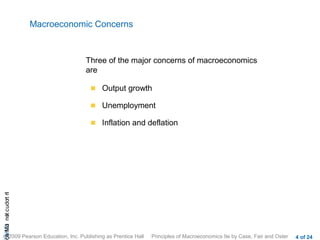 Macroeconomic Concerns



                                  Three of the major concerns of macroeconomics
                                  are

                                        Output growth

                                        Unemployment

                                        Inflation and deflation
cA HCt not c udo t n
 a Mo i         r I




© 2009 Pearson Education, Inc. Publishing as Prentice Hall   Principles of Macroeconomics 9e by Case, Fair and Oster   4 of 24
 