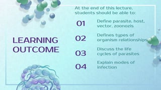 LEARNING
OUTCOME
01 Define parasite, host,
vector, zoonozis
02
Defines types of
organism relationships
03
Discuss the life
cycles of parasites
04
Explain modes of
infection
At the end of this lecture,
students should be able to:
 