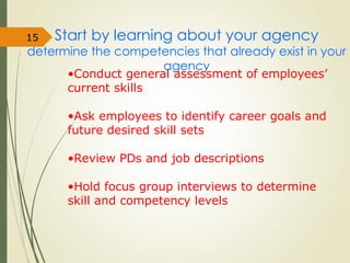 Start by learning about your agency
determine the competencies that already exist in your
agency
15
•Conduct general assessment of employees’
current skills
•Ask employees to identify career goals and
future desired skill sets
•Review PDs and job descriptions
•Hold focus group interviews to determine
skill and competency levels
 