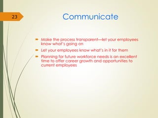 Communicate
 Make the process transparent—let your employees
know what’s going on
 Let your employees know what’s in it for them
 Planning for future workforce needs is an excellent
time to offer career growth and opportunities to
current employees
23
 