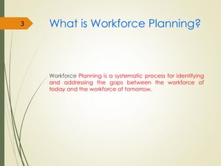 What is Workforce Planning?
Workforce Planning is a systematic process for identifying
and addressing the gaps between the workforce of
today and the workforce of tomorrow.
3
 