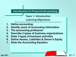 Introduction to Financial Accounting
                       Topic 1: Introduction
                       Learning Objectives
      1.   Define accounting
      2.   Identify users of accounting information
      3.   The accounting profession
      4.   Describe 3 types of business organisations
      5.   State 3 types of business activities
      6.   Define Assets, Liabilities & Owner’s Equity
      7.   State the Accounting Equation



Apr 2011                                                 C1 - 1
 