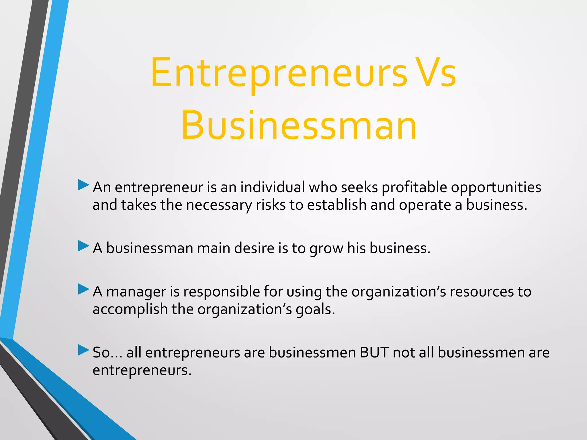 EntrepreneursVs
Businessman
An entrepreneur is an individual who seeks profitable opportunities
and takes the necessary risks to establish and operate a business.
A businessman main desire is to grow his business.
A manager is responsible for using the organization’s resources to
accomplish the organization’s goals.
So… all entrepreneurs are businessmen BUT not all businessmen are
entrepreneurs.
 