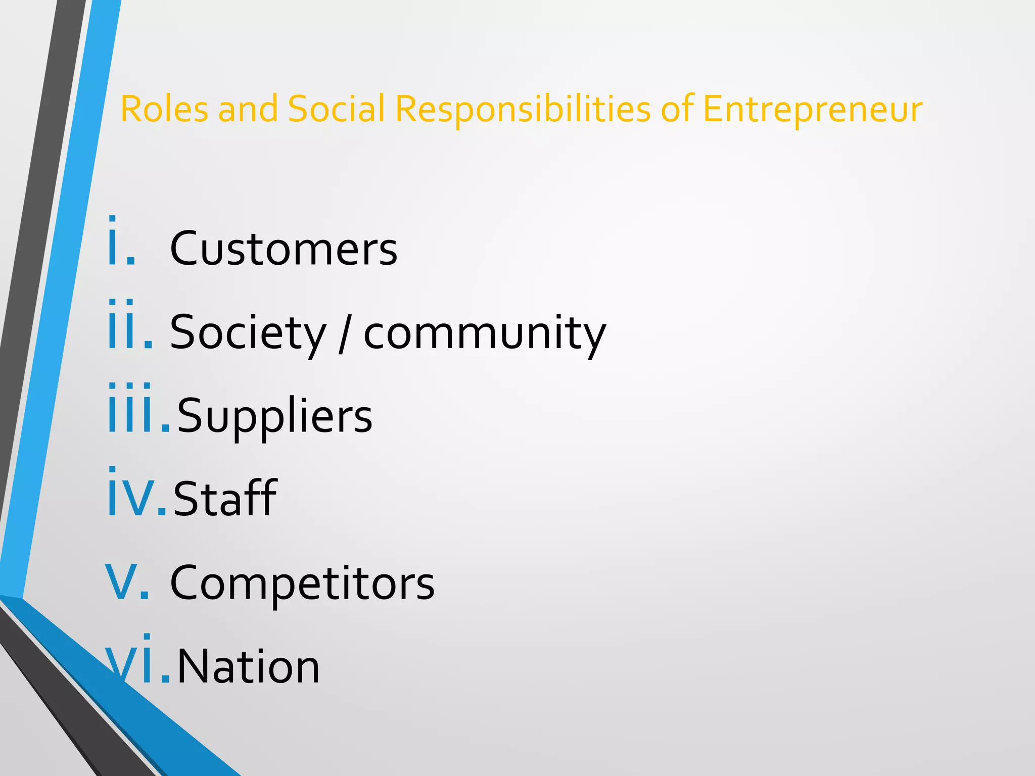 Roles and Social Responsibilities of Entrepreneur
i. Customers
ii.Society / community
iii.Suppliers
iv.Staff
v. Competitors
vi.Nation
 