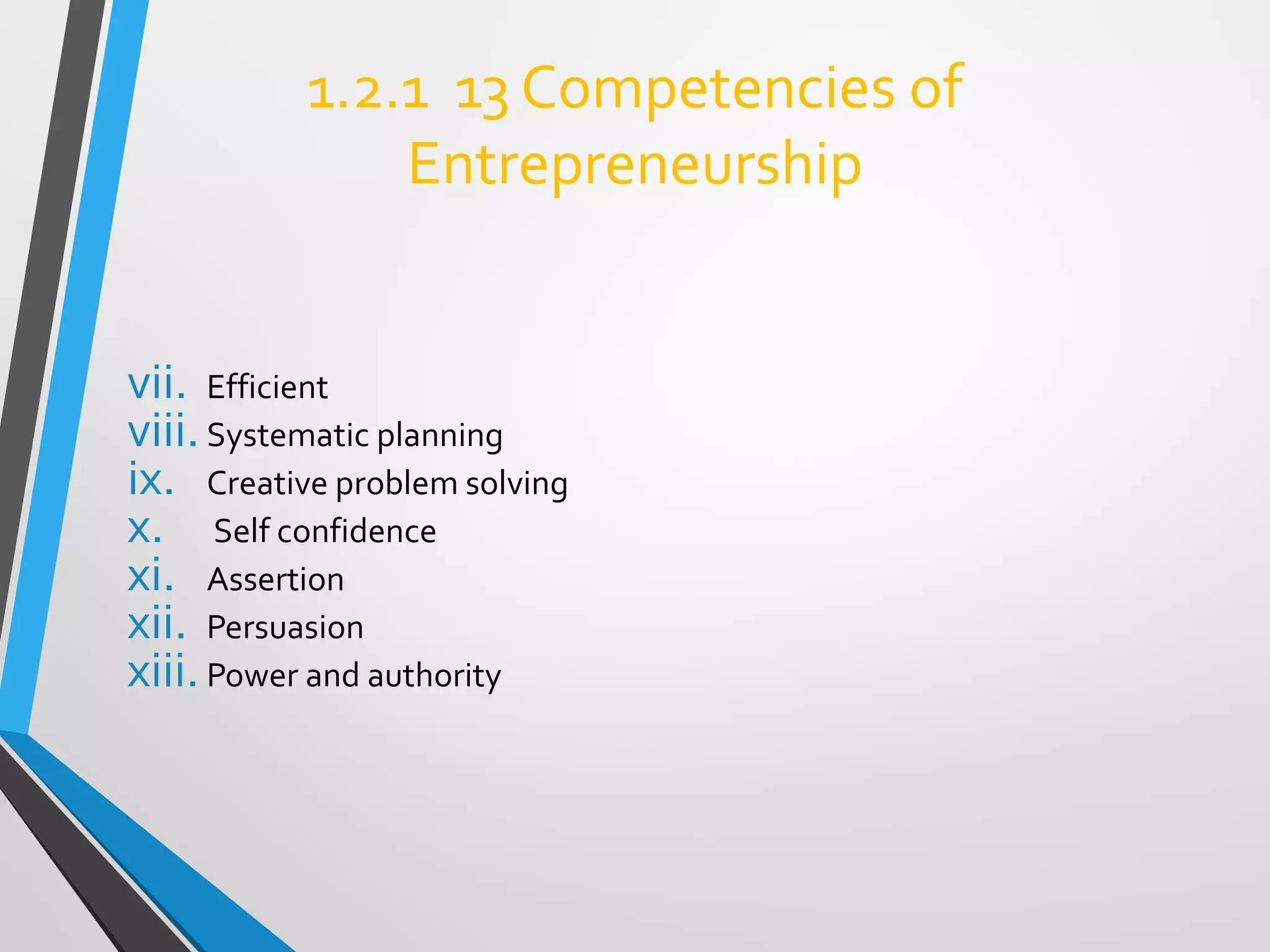 1.2.1 13 Competencies of
Entrepreneurship
vii. Efficient
viii.Systematic planning
ix. Creative problem solving
x. Self confidence
xi. Assertion
xii. Persuasion
xiii.Power and authority
 
