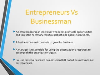 EntrepreneursVs
Businessman
An entrepreneur is an individual who seeks profitable opportunities
and takes the necessary risks to establish and operate a business.
A businessman main desire is to grow his business.
A manager is responsible for using the organization’s resources to
accomplish the organization’s goals.
So… all entrepreneurs are businessmen BUT not all businessmen are
entrepreneurs.
 