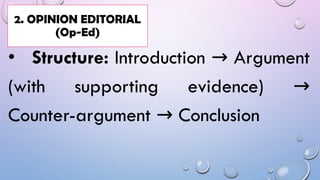 • Structure: Introduction Argument
→
(with supporting evidence) →
Counter-argument Conclusion
→
2. OPINION EDITORIAL
(Op-Ed)
 