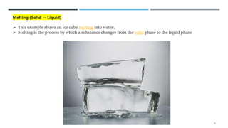 9
➢ This example shows an ice cube melting into water.
➢ Melting is the process by which a substance changes from the soli...