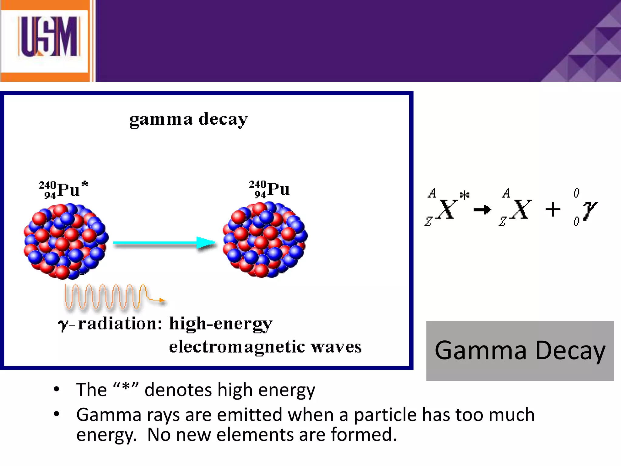 • The “*” denotes high energy
• Gamma rays are emitted when a particle has too much
energy. No new elements are formed.
Gamma Decay
 