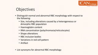 Objectives
• Distinguish normal and abnormal RBC morphology with respect to
the following:
• Size, including alterations caused by a heterogeneous or
dimorphic RBC population
• Haemoglobin content
• RNA concentration (polychromasia/reticulocytes)
• Shape alterations
• RBC inclusion bodies
• Variations in red cell pattern
• Artifact
• List synonyms for abnormal RBC morphology
 