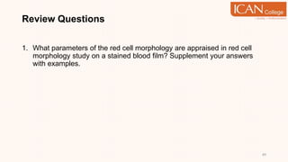 Review Questions
1. What parameters of the red cell morphology are appraised in red cell
morphology study on a stained blood film? Supplement your answers
with examples.
89
 