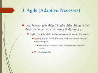 3. Agile (Adaptive Processes)
? Lo?i b? tam gic thp ?? ng?n ch?n chng ta ??t
???c cc m?c tiu ch?t l??ng & ?? tin c?y.
? Agile fixes the date and resources and varies the scope
?Quality is also fixed. So, now we have a truly virtuous
software cycle:
? Fix qualitydeliver a small increment in a timebox
repeat.
?Xem hnh (d??i)
 