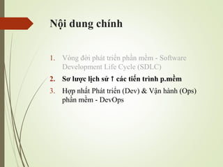 N?i dung chnh
1. Vng ??i pht tri?n ph?n m?m - Software
Development Life Cycle (SDLC)
2. S? l??c l?ch s?  cc ti?n trnh p.m?m
3. H?p nh?t Pht tri?n (Dev) & V?n hnh (Ops)
ph?n m?m - DevOps
 