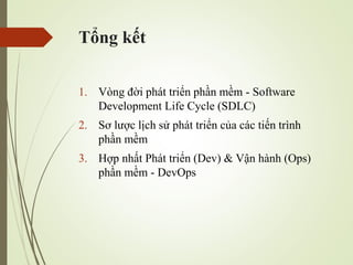 T?ng k?t
1. Vng ??i pht tri?n ph?n m?m - Software
Development Life Cycle (SDLC)
2. S? l??c l?ch s? pht tri?n c?a cc ti?n trnh
ph?n m?m
3. H?p nh?t Pht tri?n (Dev) & V?n hnh (Ops)
ph?n m?m - DevOps
 