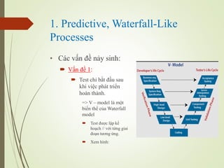 1. Predictive, Waterfall-Like
Processes
? Cc v?n ?? n?y sinh:
? V?n ?? 1:
? Test ch? b?t ??u sau
khi vi?c pht tri?n
hon thnh.
=> V C model l m?t
bi?n th? c?a Waterfall
model
? Test ???c l?p k?
ho?ch // v?i t?ng giai
?o?n t??ng ?ng.
? Xem hnh:
 