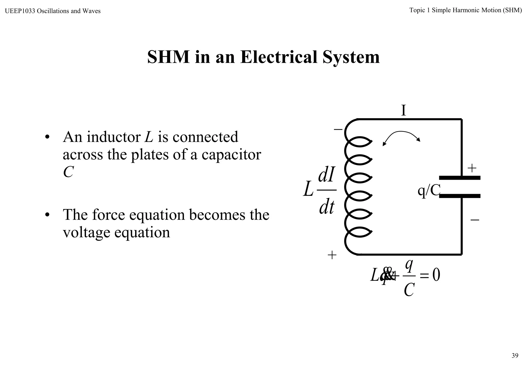 39
Topic 1 Simple Harmonic Motion (SHM)UEEP1033 Oscillations and Waves
SHM in an Electrical System
• An inductor L is connected
across the plates of a capacitor
C
• The force equation becomes the
voltage equation
dt
dI
L q/C
_
+
_
+
I
0
C
q
qL 
 
