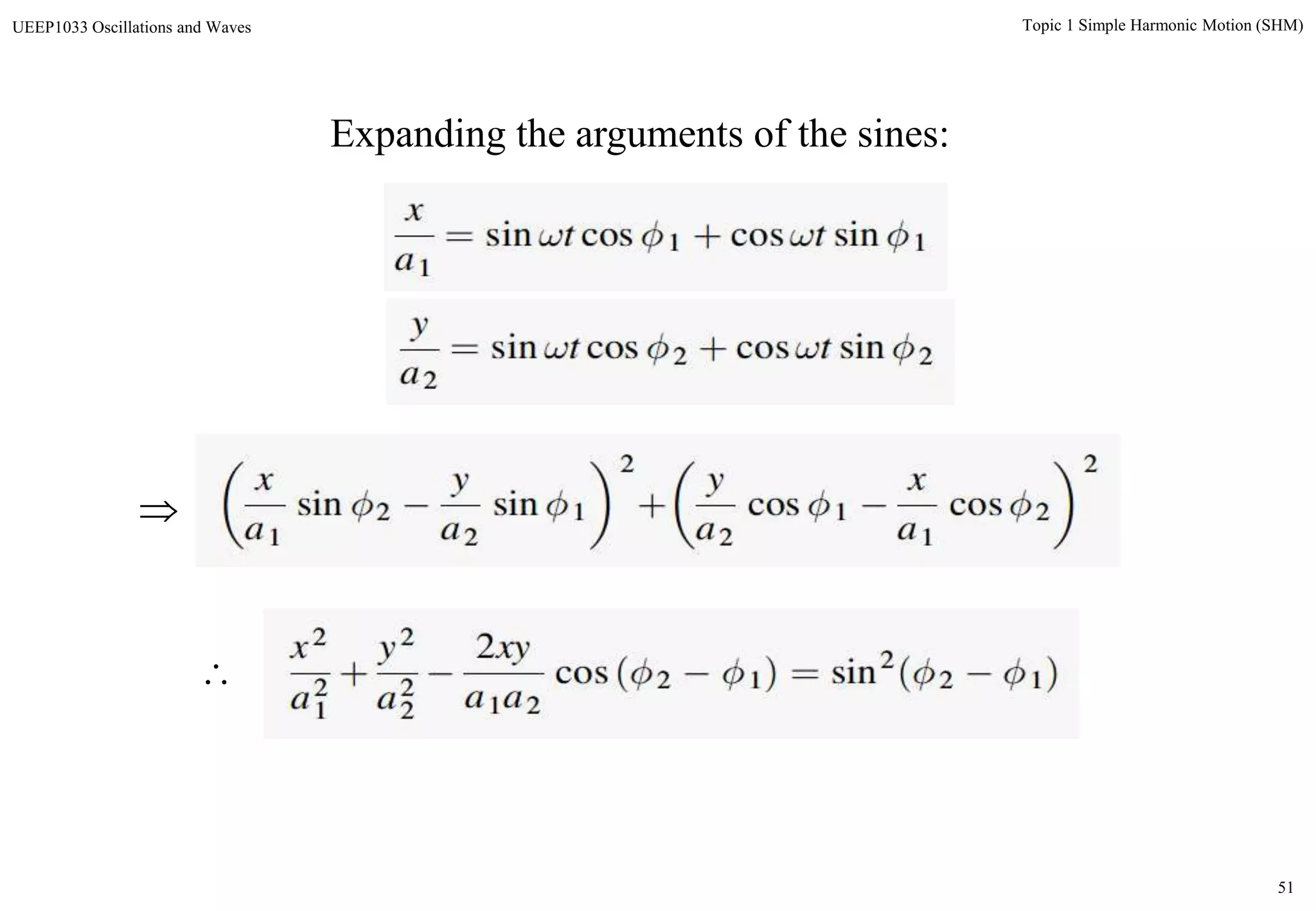 51
Topic 1 Simple Harmonic Motion (SHM)UEEP1033 Oscillations and Waves
Expanding the arguments of the sines:


 