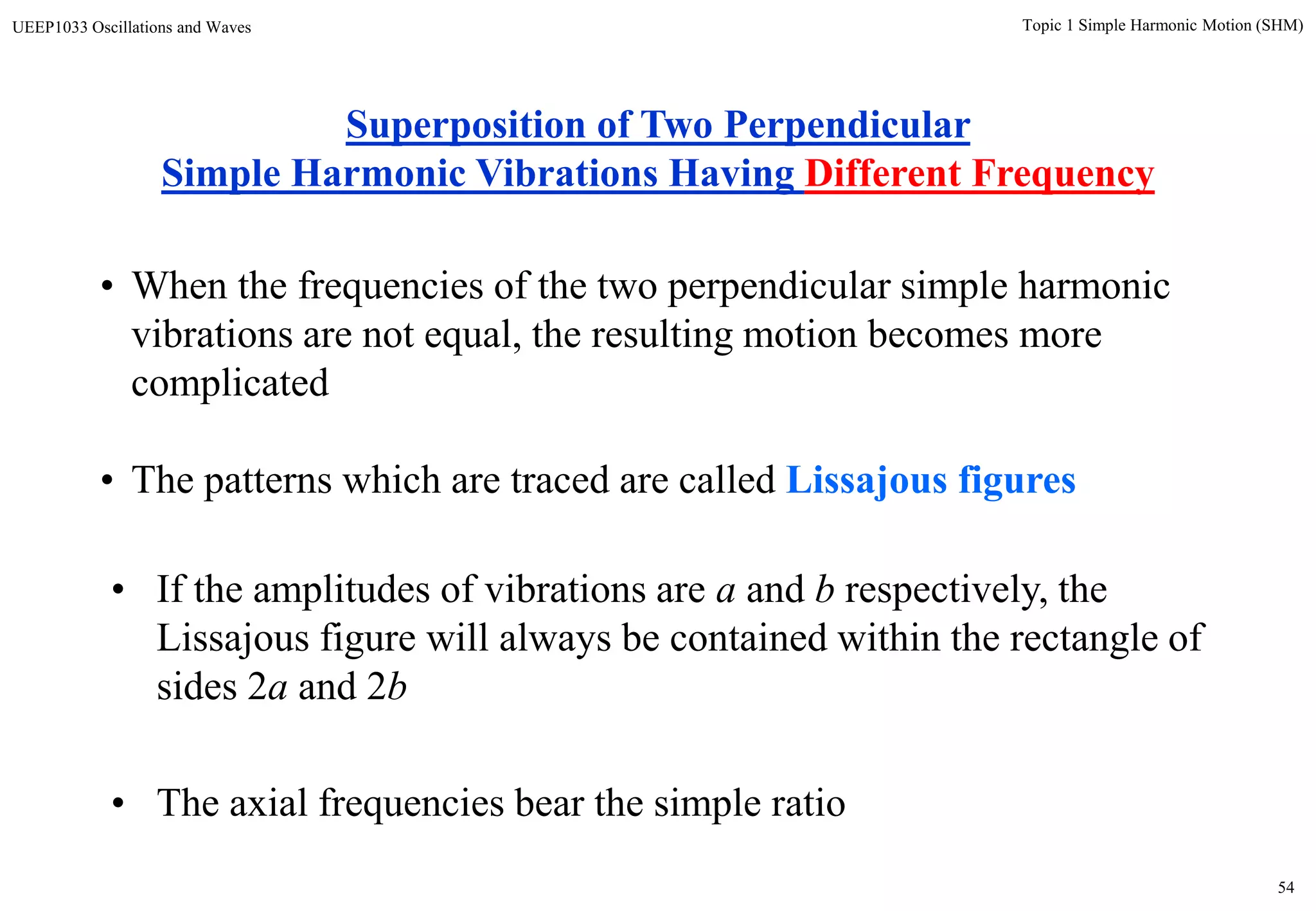 54
Topic 1 Simple Harmonic Motion (SHM)UEEP1033 Oscillations and Waves
• If the amplitudes of vibrations are a and b respectively, the
Lissajous figure will always be contained within the rectangle of
sides 2a and 2b
• The axial frequencies bear the simple ratio
Superposition of Two Perpendicular
Simple Harmonic Vibrations Having Different Frequency
• When the frequencies of the two perpendicular simple harmonic
vibrations are not equal, the resulting motion becomes more
complicated
• The patterns which are traced are called Lissajous figures
 