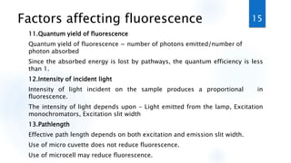 Factors affecting fluorescence
11.Quantum yield of fluorescence
Quantum yield of fluorescence = number of photons emitted/number of
photon absorbed
Since the absorbed energy is lost by pathways, the quantum efficiency is less
than 1.
12.Intensity of incident light
Intensity of light incident on the sample produces a proportional in
fluorescence.
The intensity of light depends upon - Light emitted from the lamp, Excitation
monochromators, Excitation slit width
13.Pathlength
Effective path length depends on both excitation and emission slit width.
Use of micro cuvette does not reduce fluorescence.
Use of microcell may reduce fluorescence.
15
 