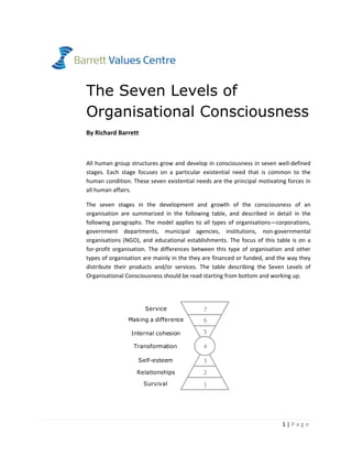 1 | P a g e
The Seven Levels of
Organisational Consciousness
By Richard Barrett
All human group structures grow and develop in consciousness in seven well‐defined
stages. Each stage focuses on a particular existential need that is common to the
human condition. These seven existential needs are the principal motivating forces in
all human affairs.
The seven stages in the development and growth of the consciousness of an
organisation are summarized in the following table, and described in detail in the
following paragraphs. The model applies to all types of organisations—corporations,
government departments, municipal agencies, institutions, non‐governmental
organisations (NGO), and educational establishments. The focus of this table is on a
for‐profit organisation. The differences between this type of organisation and other
types of organisation are mainly in the they are financed or funded, and the way they
distribute their products and/or services. The table describing the Seven Levels of
Organisational Consciousness should be read starting from bottom and working up.
Service
Making a difference
Internal cohesion
Transformation
Self-esteem
Relationships
Survival
7
6
5
4
3
2
1
 