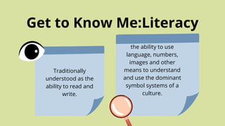 Traditionally
understood as the
ability to read and
write.
the ability to use
language, numbers,
images and other
means to understand
and use the dominant
symbol systems of a
culture.
Get to Know Me:Literacy
 